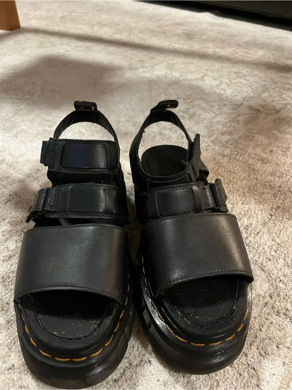 Woman’s Black Leather Dr. Martens Platform Sandals with Velcro Straps